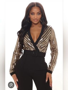 💞❣️Womens Fashion Nova Gold/Black Sequin V-Neck Jumpsuit - Size 1X - NWT💞❣️